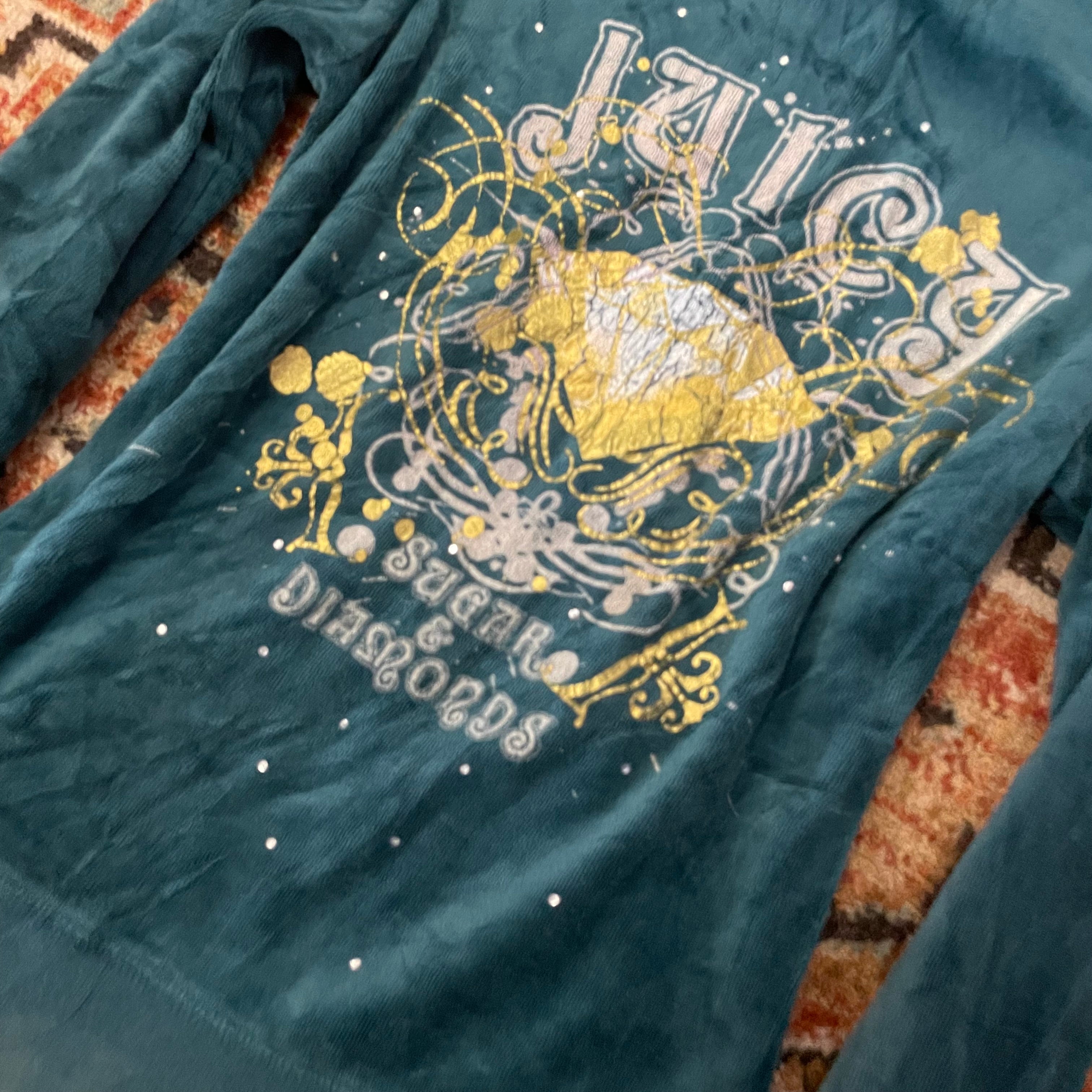 Vintage Juicy Couture velour zip hoodie teal green Sugar & Diamonds back graphic Size S