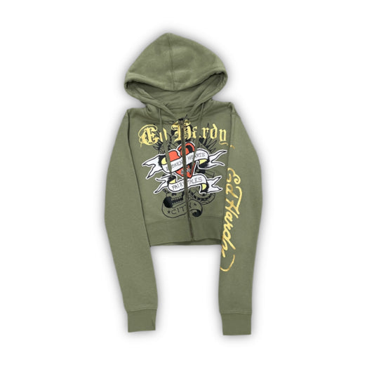ED HARDY “Broke Hearts” SAGE CROPPED ZIP UP HOODIE - Clean Curriculums