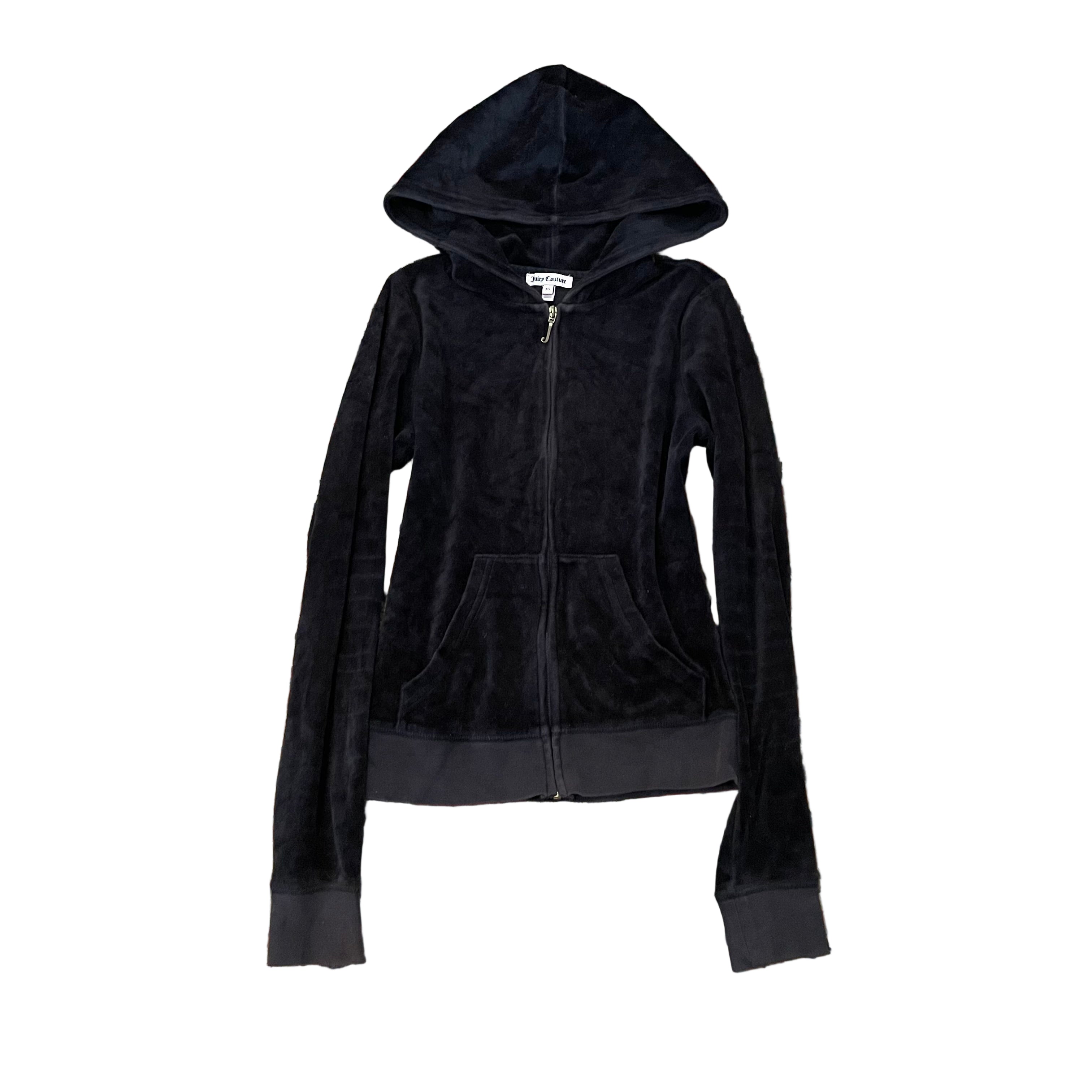Vintage Juicy Couture Black Velour Gothic Script Back Logo Hoodie Size XS