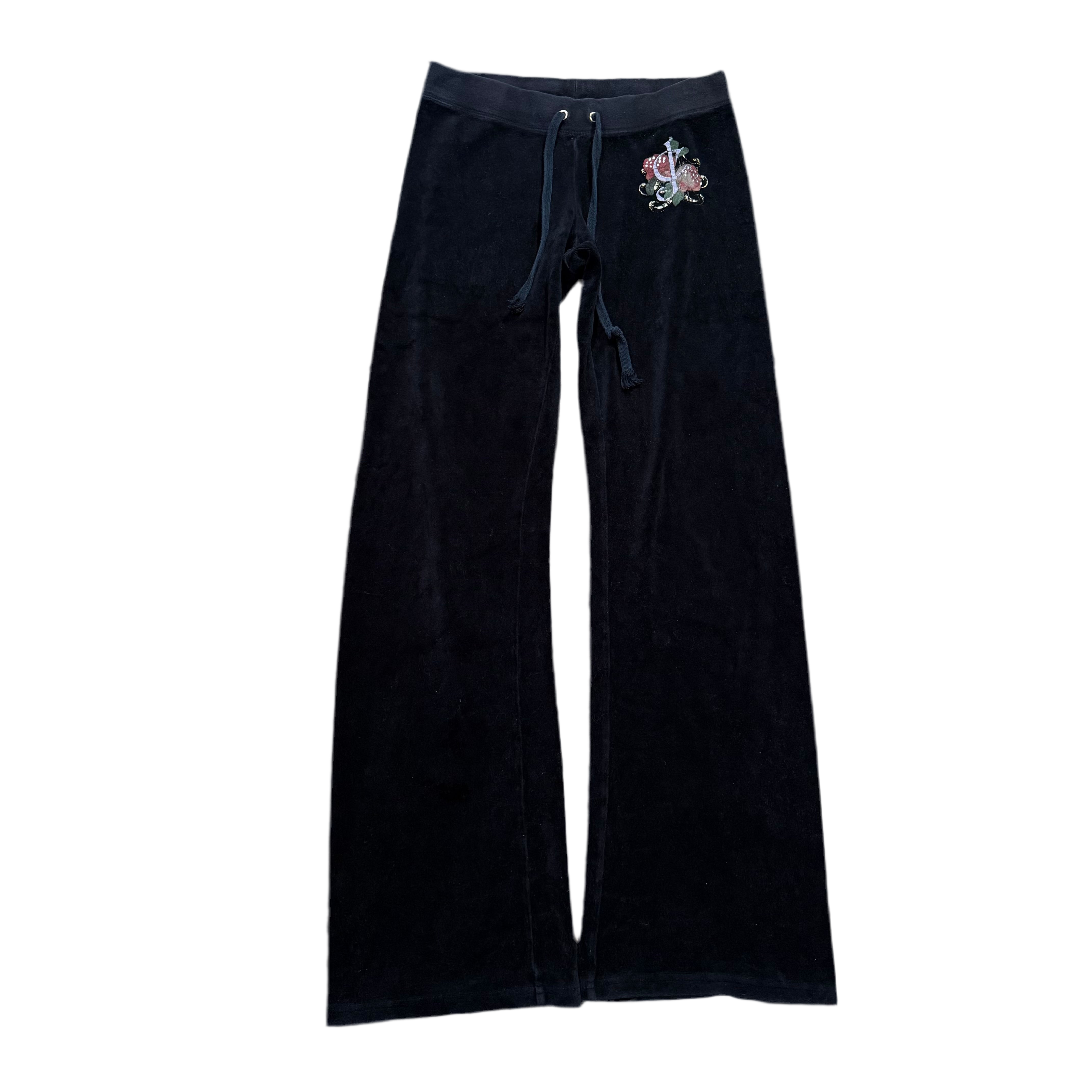 Vintage Juicy Couture Black Velour Rhinestone Logo Flared Pants Size XS