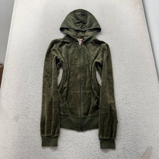 Vintage Juicy Couture Scottie Dogs Women Olive Green Velour Zip-Up Hoodie Size L