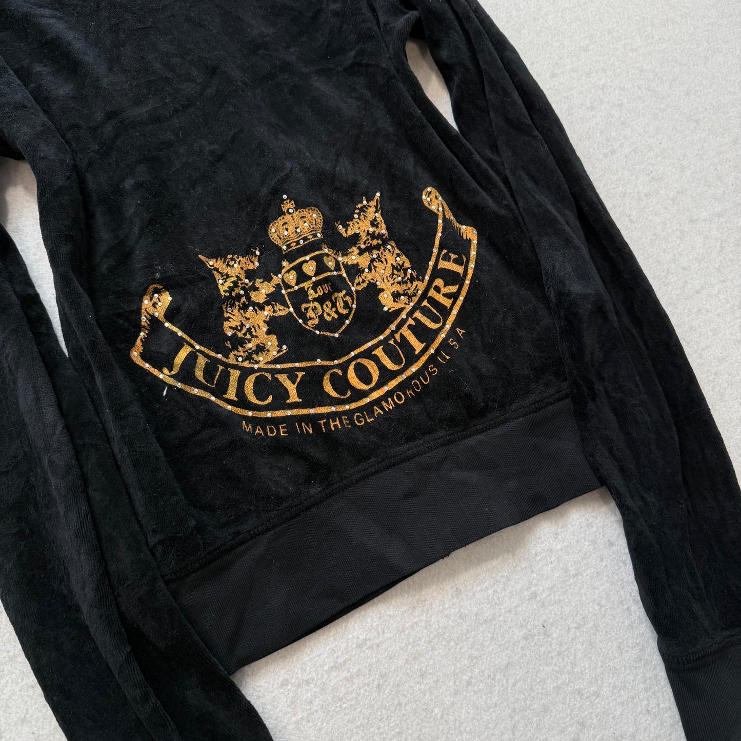 Vintage Juicy Couture Women's Black Velour Zip Up Hoodie Rhinestones Logo Size S
