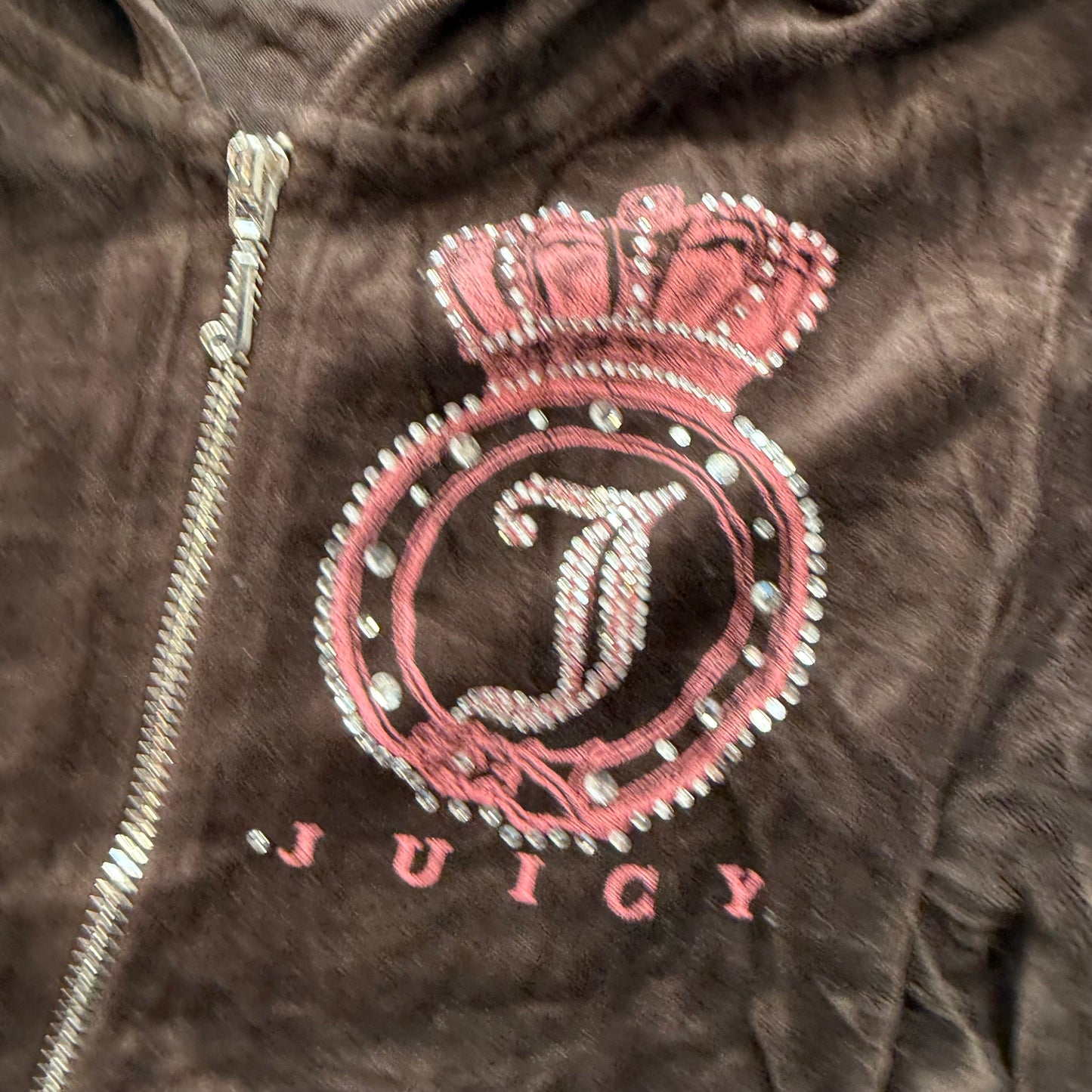 Vintage Juicy Couture Women's Brown Velour Zip Up Hoodie Rhinestones Logo Size S