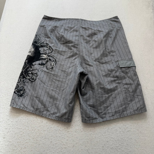 Mossimo Supply Men Gray Pinstripe Skull Graphic Swim Shorts Board Trunks Size 36