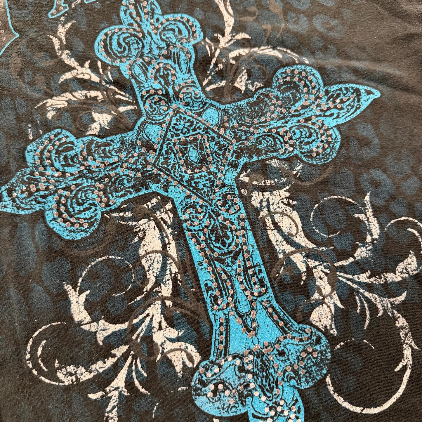 Vintage Womens Black "Faith" Cross Graphic T-Shirt Grunge Rhinestone Tee Size XL