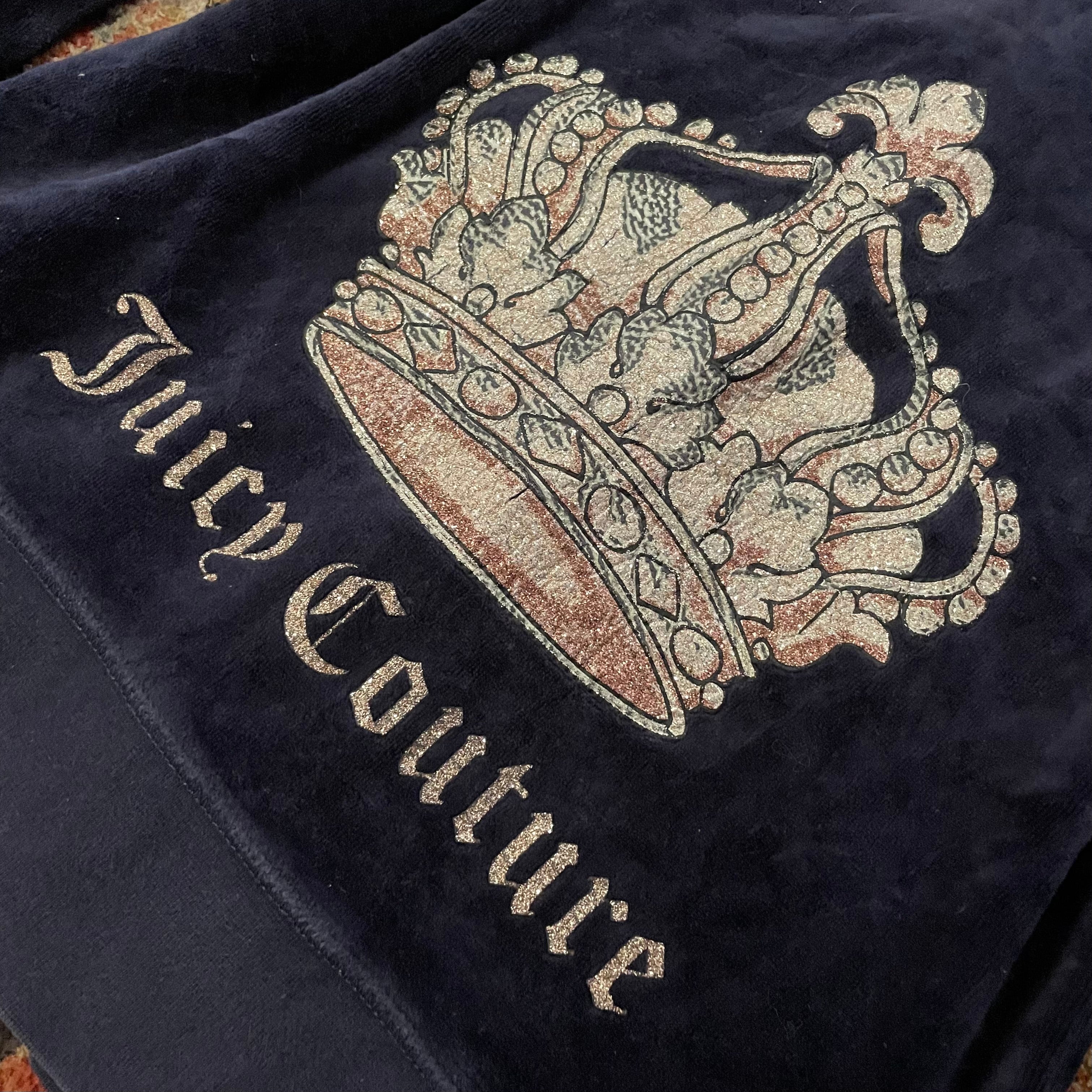 Vintage Juicy Couture Navy Velour Glitter Chandelier Crown Zip Hoodie Size M