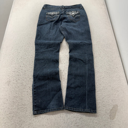 Roz & Ali Boot Cut Jeans Women's Dark Wash Blue Embellished Pockets Size 10 photo 2