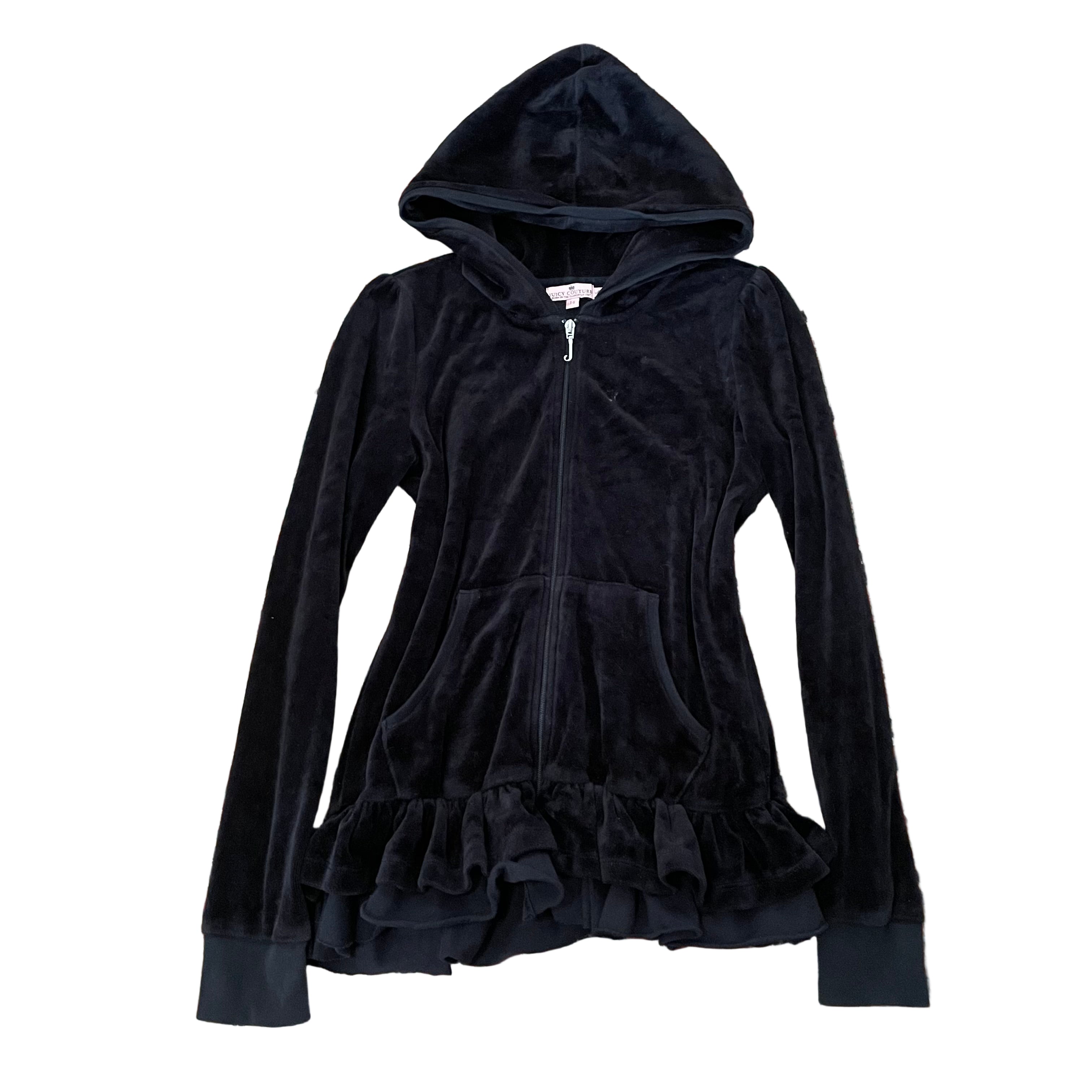 Juicy Couture Black Velour Zip Hoodie Ruffle Hem “Juicy Couture Crown” Kids 14