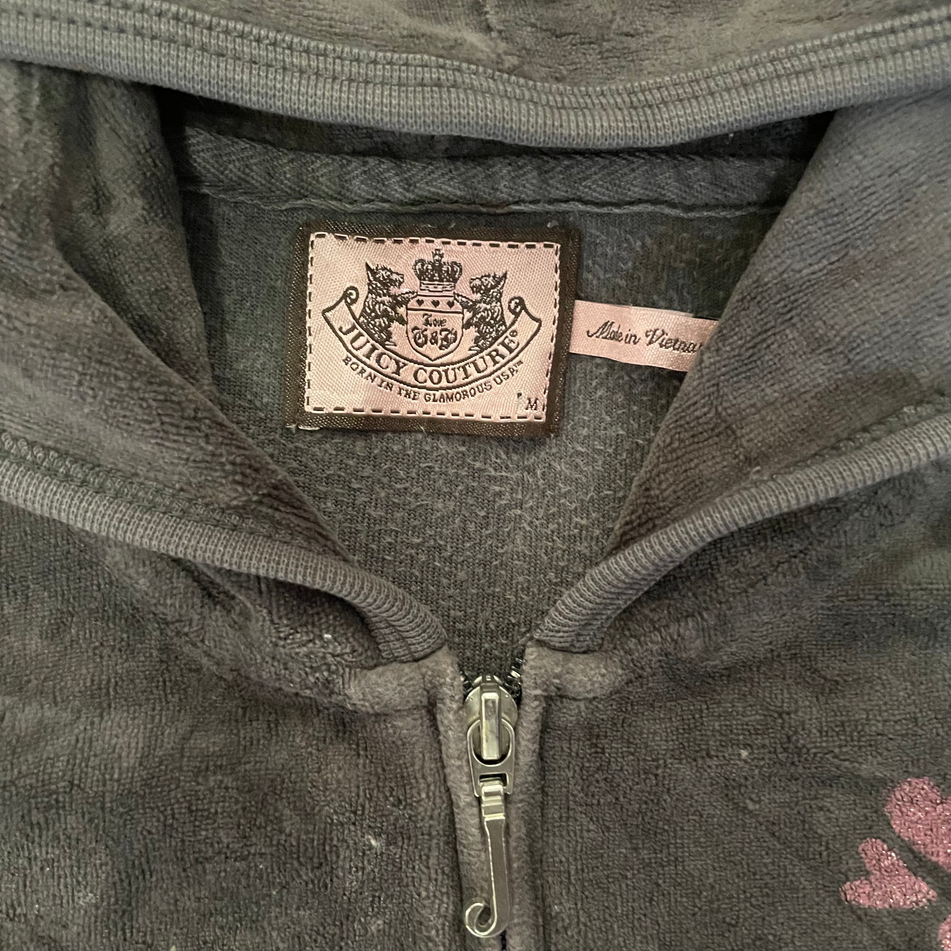 Vintage Juicy Couture Grey Velour Pink Glitter Crown Zip Hoodie Size M