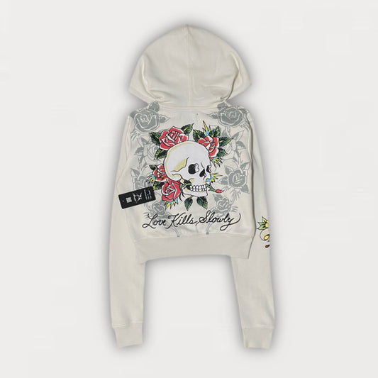 ED HARDY “triple hearts” stone cropped zip up hoodie - Clean Curriculums