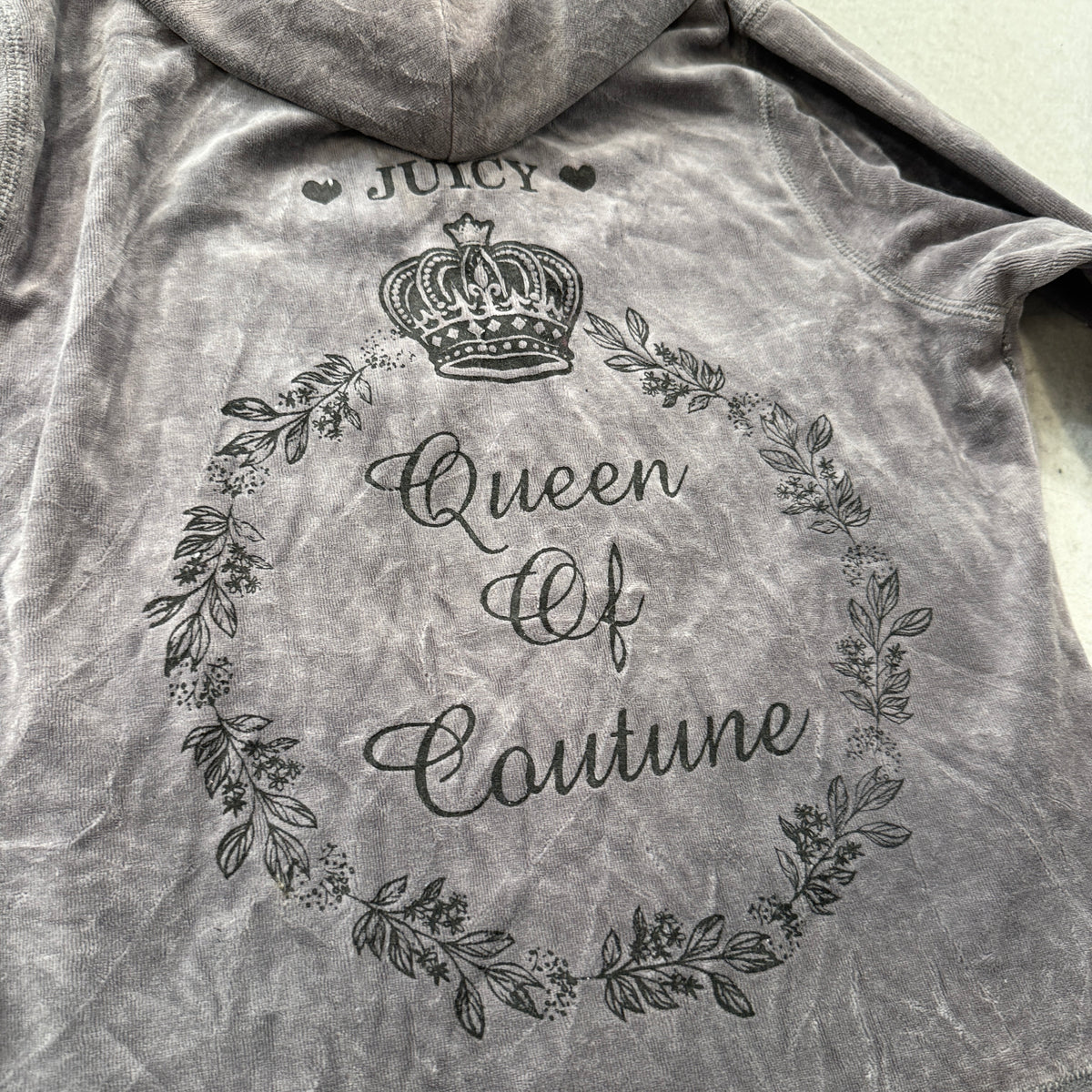 Vintage Juicy Couture Queen Of Couture Women's Grey Velour Zip-Up Hoodie Size L