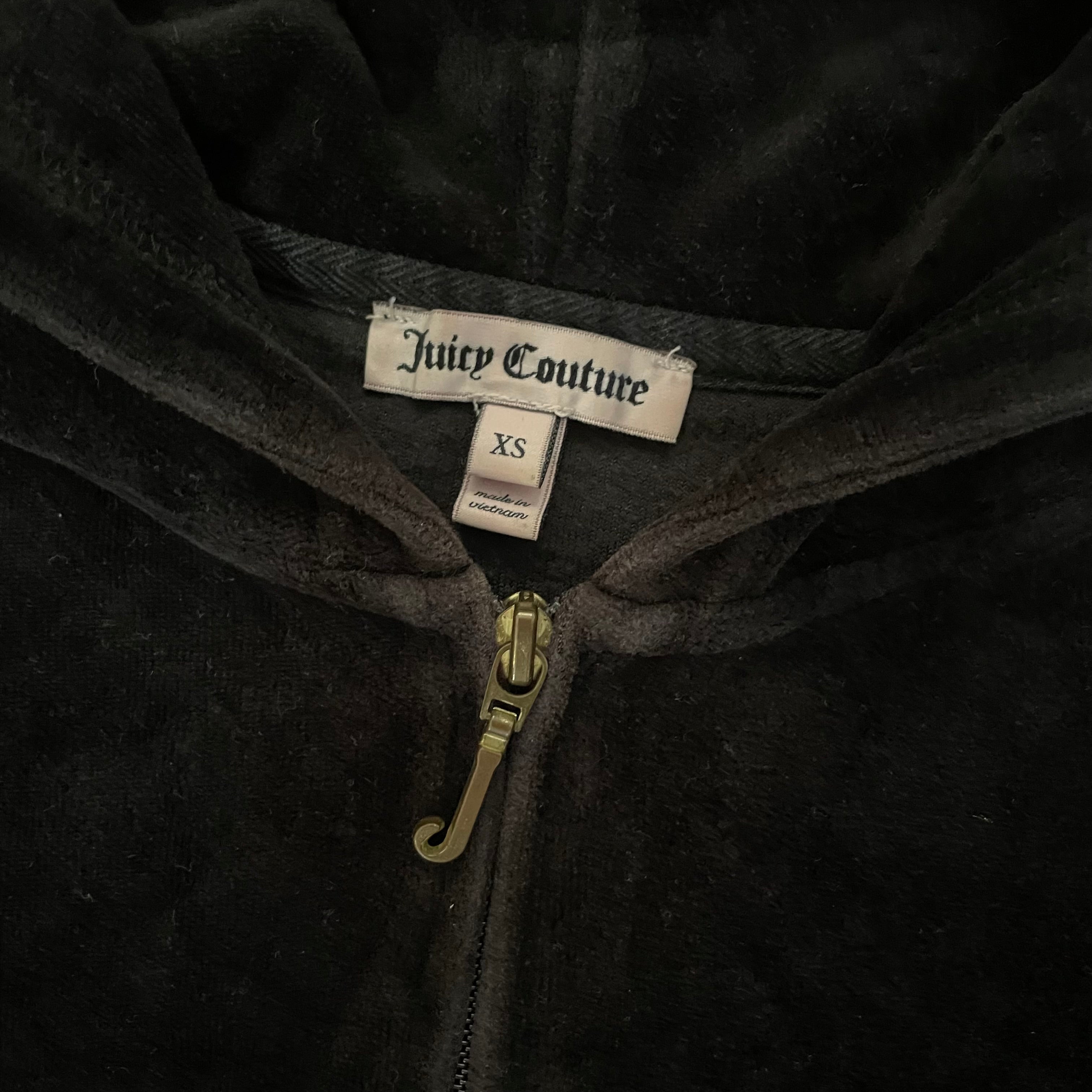 Vintage Juicy Couture Black Velour Gothic Script Back Logo Hoodie Size XS