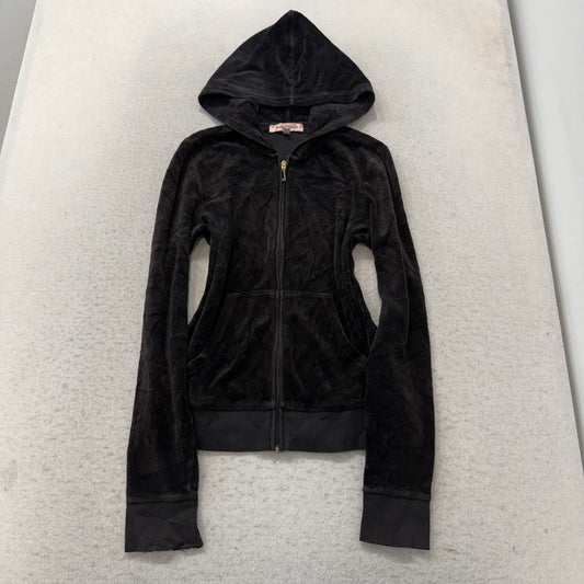 Juicy Couture Women's Black Velour Zip-Up Hoodie Rhinestone Crest Logo Size M