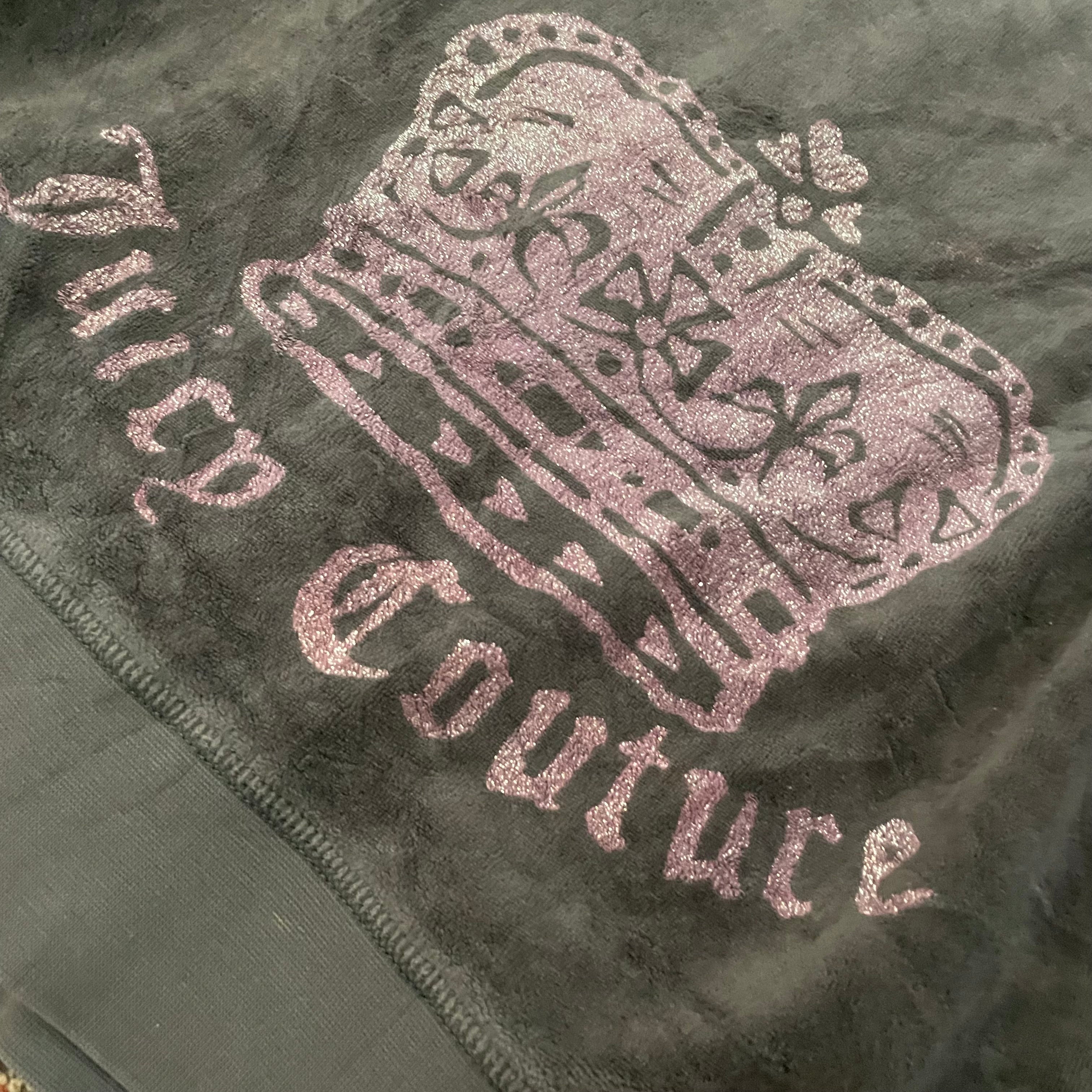 Vintage Juicy Couture Grey Velour Pink Glitter Crown Zip Hoodie Size M