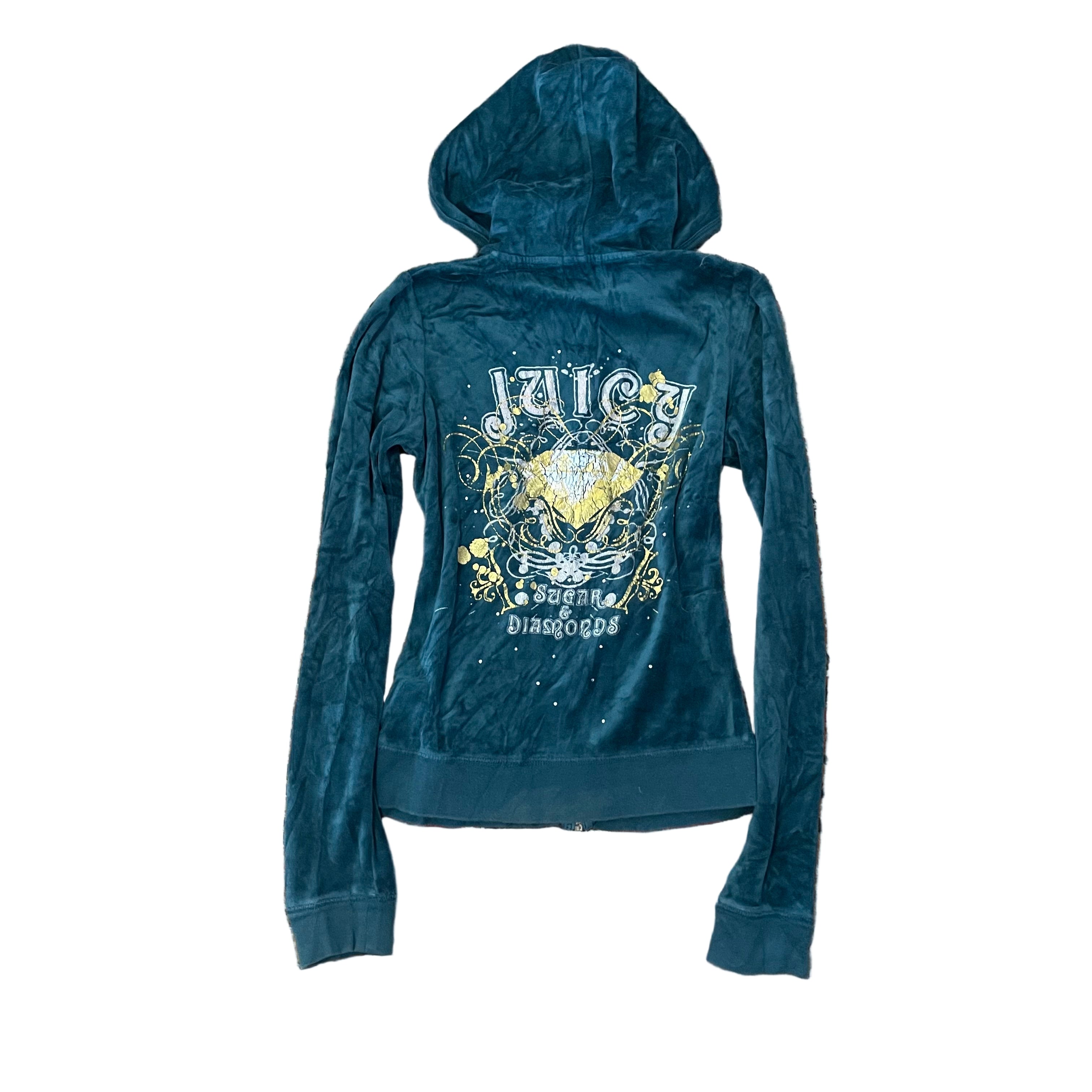 Vintage Juicy Couture velour zip hoodie teal green Sugar & Diamonds back graphic Size S