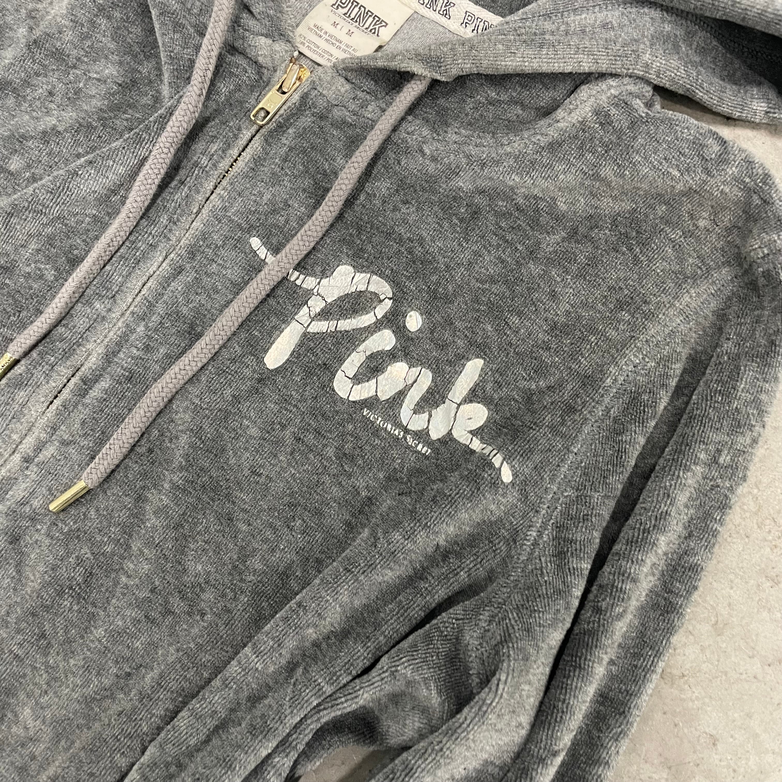 Vintage Victoria’s Secret PINK Charcoal Gray Velour Zip Up Hoodie Size M