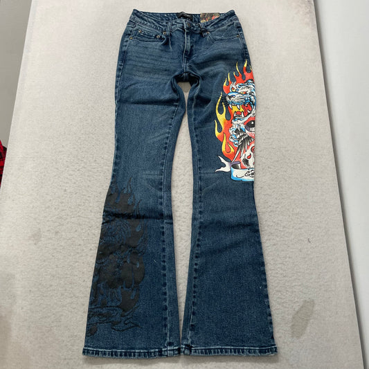 Ed Hardy Women's Blue Tiger Flame Graphic Flare Denim Jeans Y2K Tattoo Print