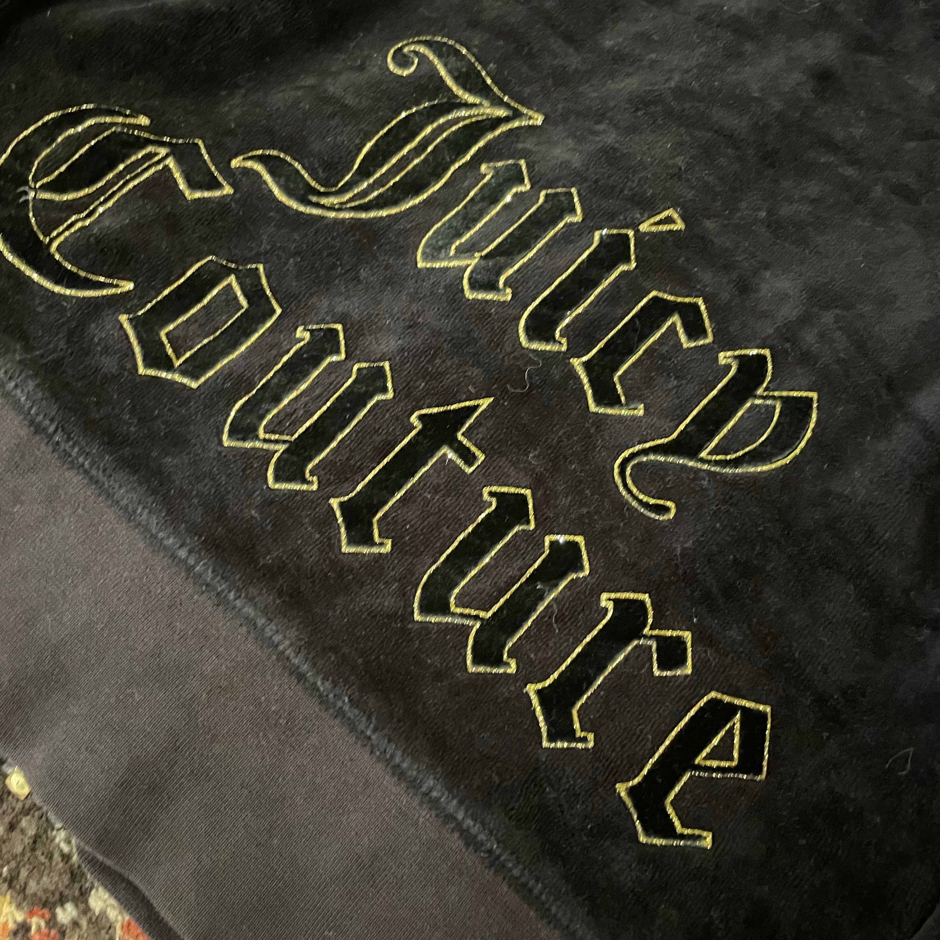 Vintage Juicy Couture Black Velour Gothic Script Back Logo Hoodie Size XS