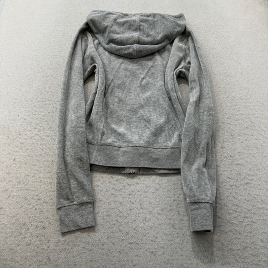 Vintage Juicy Couture Women's Grey Velour Zip-Up Hoodie Drawstring Pocket Size S