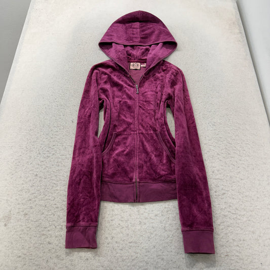 Juicy Couture Womens Dark Plum Velour Zip-Up Hoodie Rhinestone Embellishment - M