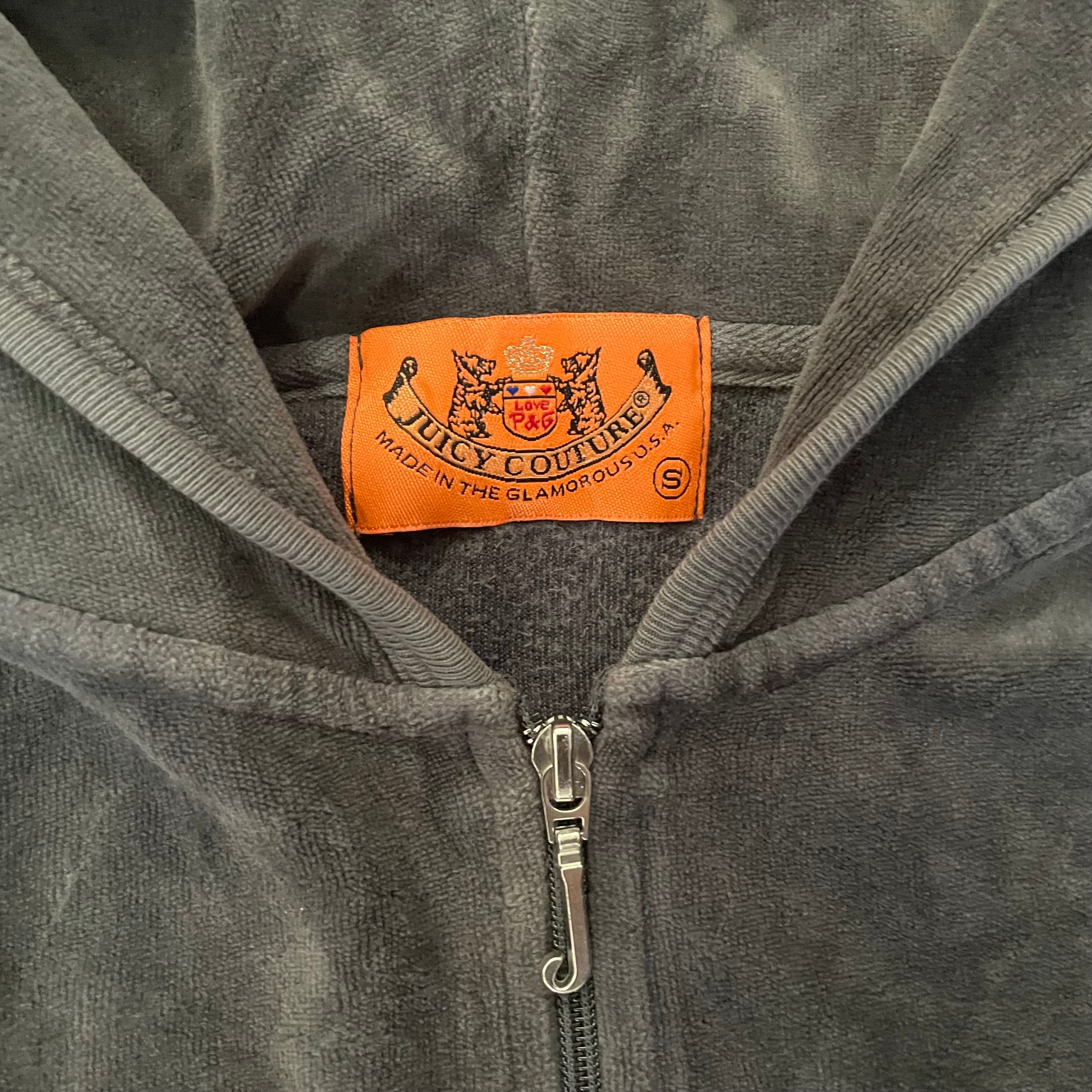 Vintage Juicy Couture Grey Velour Rhinestone Heart Zip Hoodie Size S