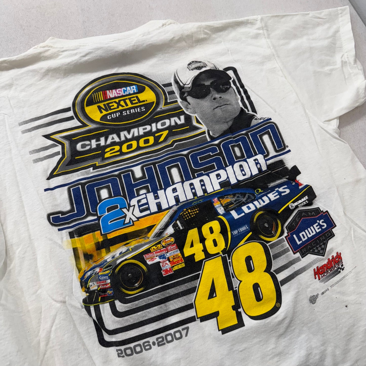 Jimmie Johnson #48 NASCAR 2007 Champion White Cotton T-Shirt Nextel Cup Size XL