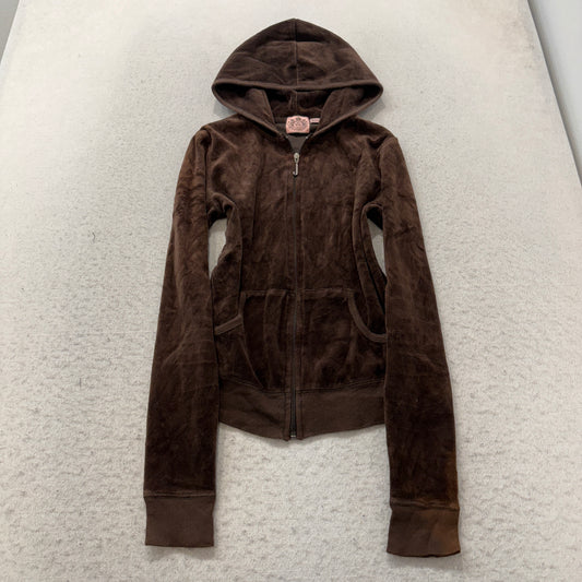Vintage Juicy Couture Women's Dark Brown Velour Zip-Up Hoodie Crown Crest Size S