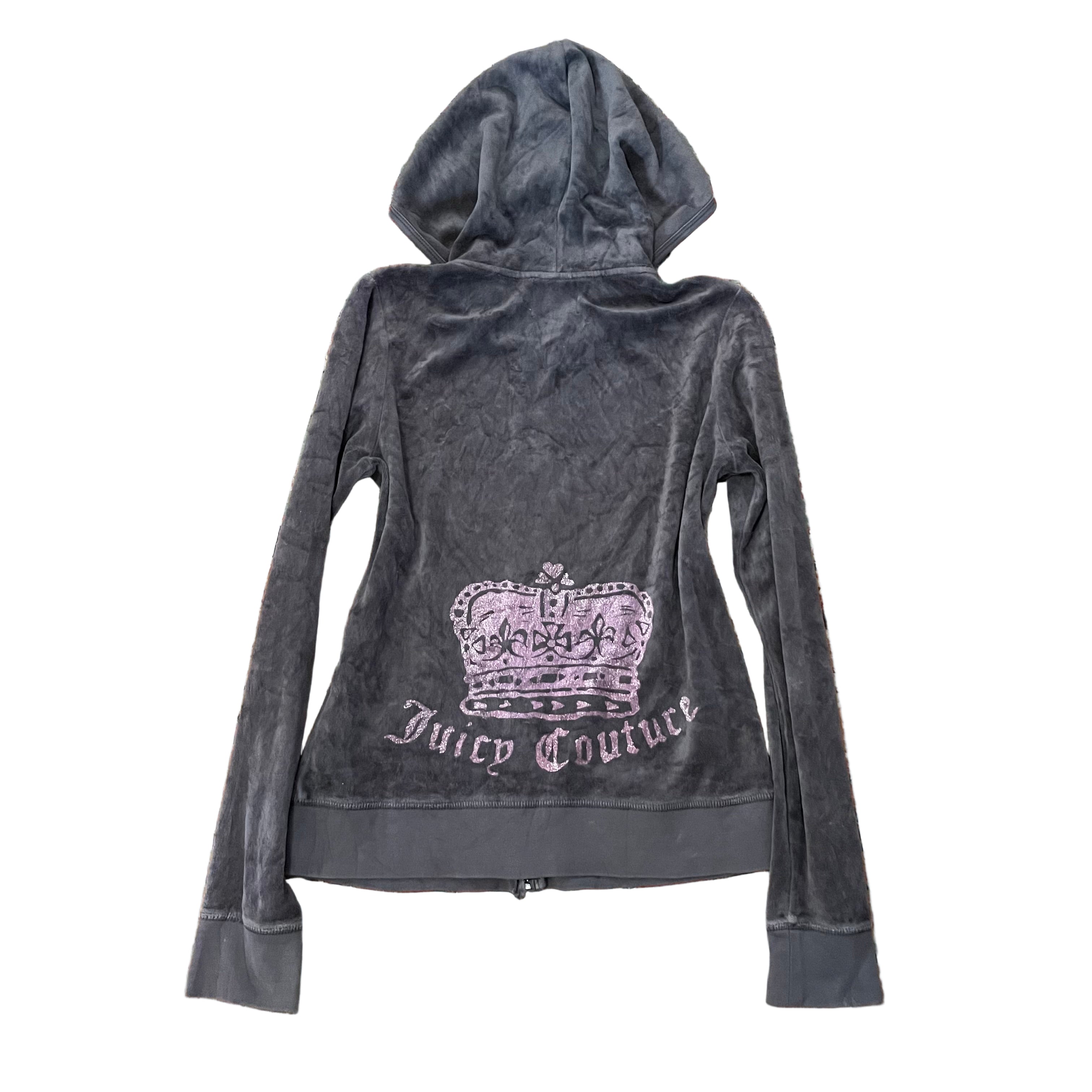 Vintage Juicy Couture Grey Velour Pink Glitter Crown Zip Hoodie Size M