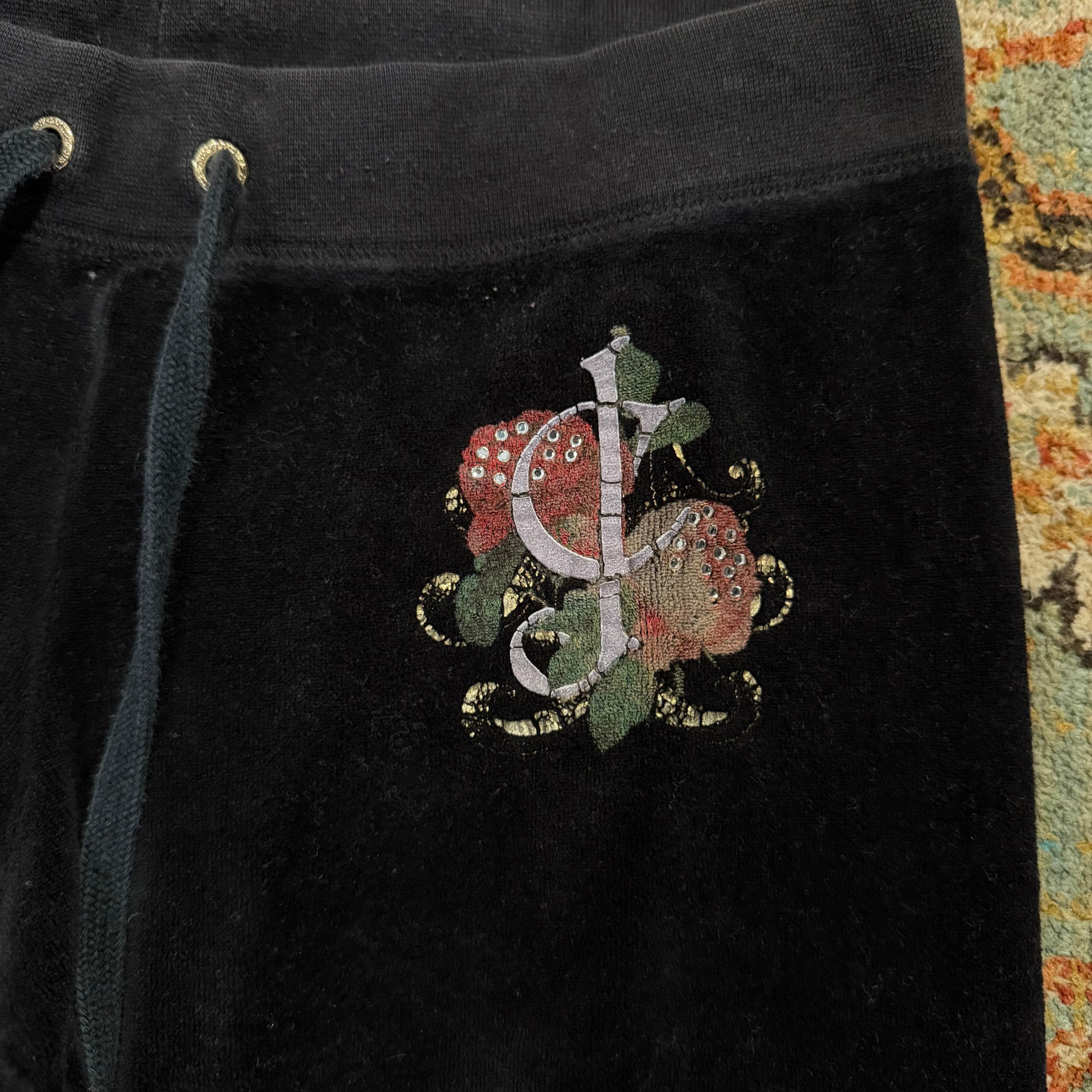 Vintage Juicy Couture Black Velour Rhinestone Logo Flared Pants Size XS