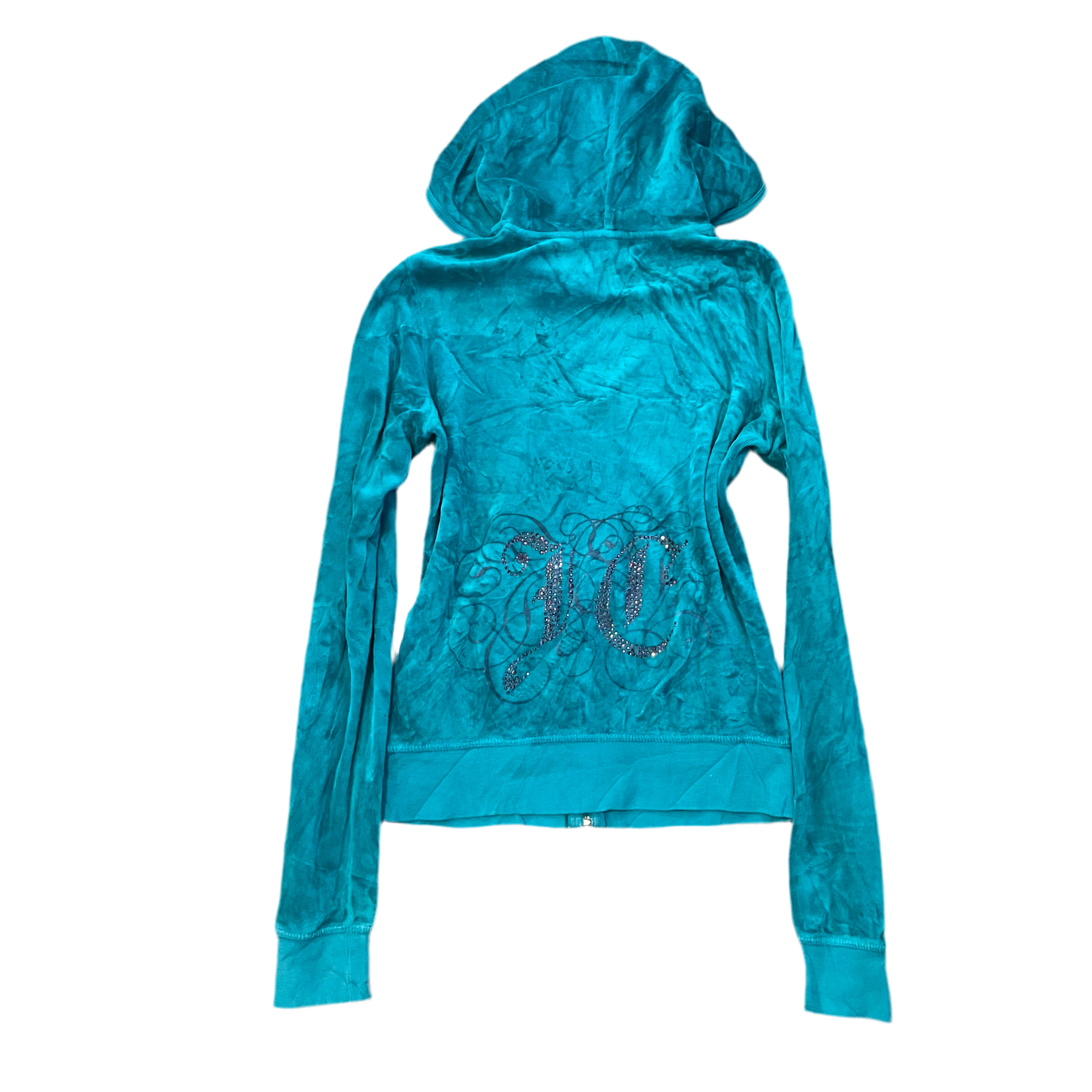 Vintage Juicy Couture Teal Velour Rhinestone Script JC Zip Hoodie Size M