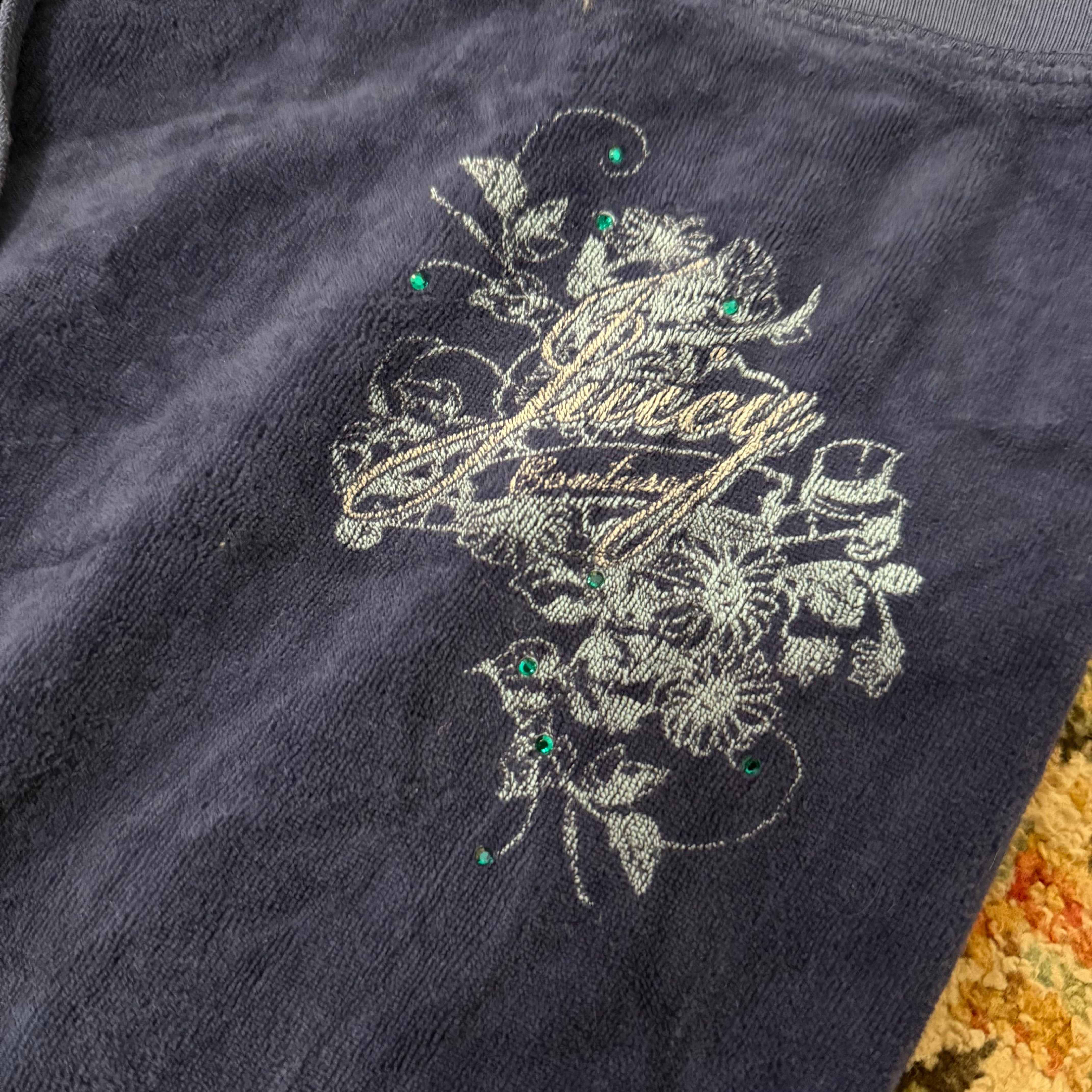Vintage Juicy Couture Royal Blue Velour Rhinestone Crest Flared Pants Size P