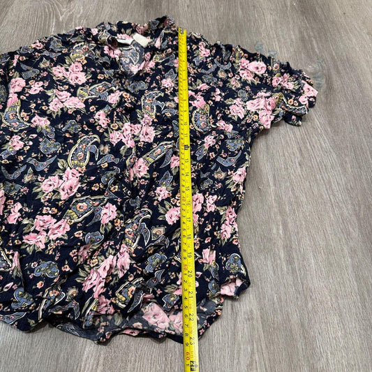 Vintage Y2K 2000's Women's Navy Boxy Floral Paisley Print Button Up Shirt