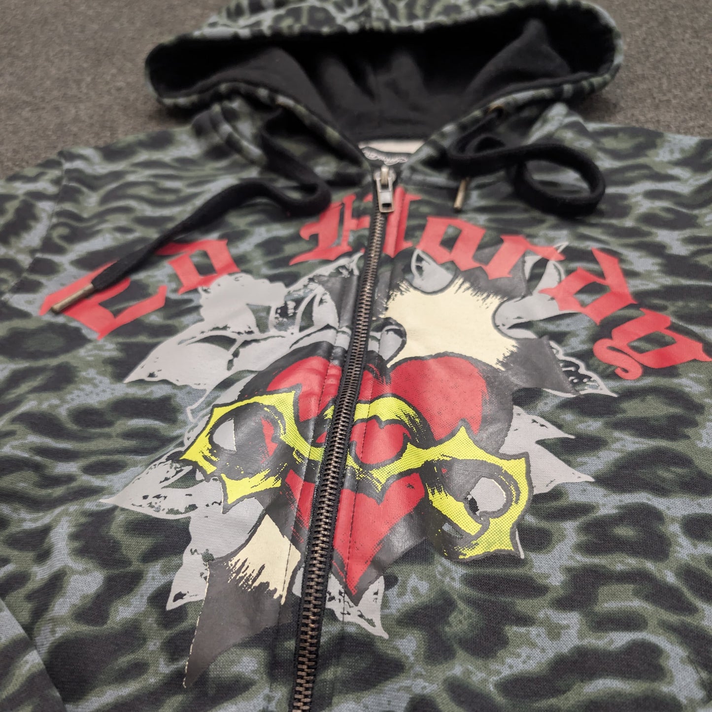 ED HARDY "Sacred Heart" GREEN LEOPARD CROPPED ZIP UP HOODIE