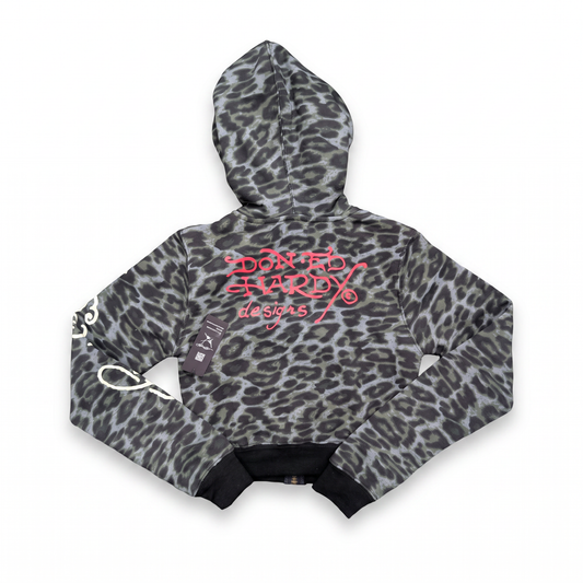 ED HARDY "Sacred Heart" GREEN LEOPARD CROPPED ZIP UP HOODIE
