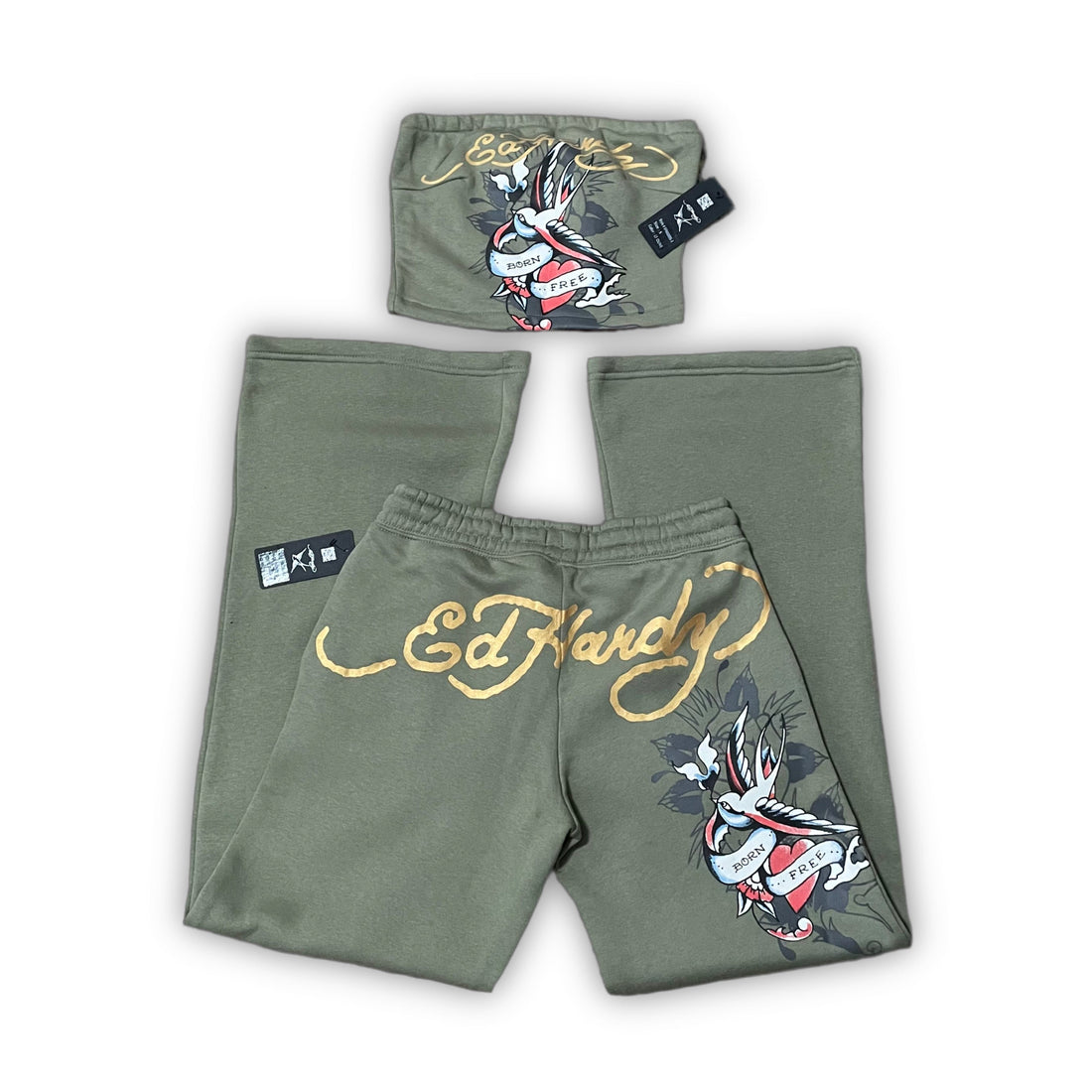 Sage Green Ed Hardy tube top and matching pants with gold lettering and tattoo-style graphic design