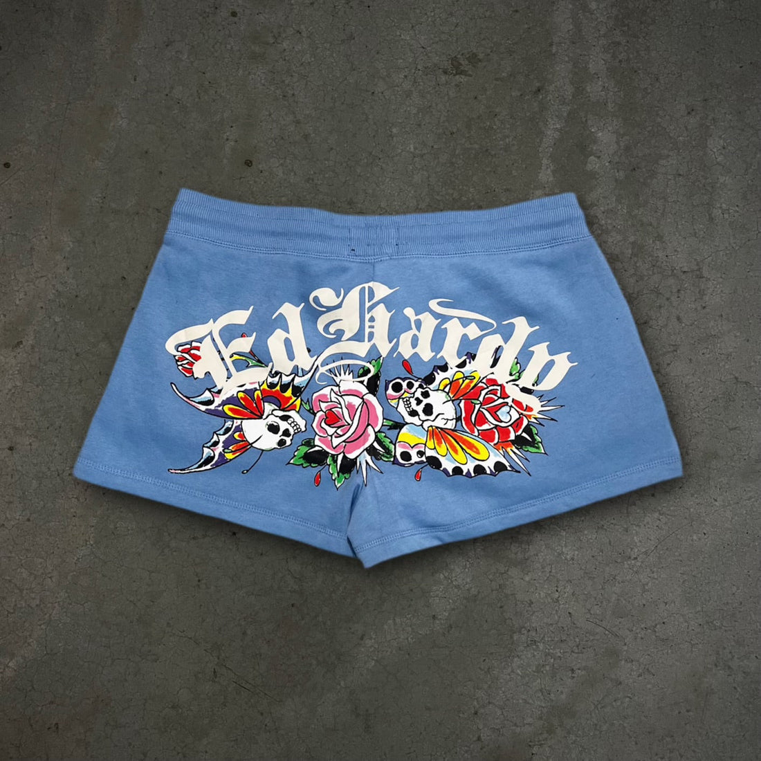 Baby blue Ed Hardy booty shorts with pink flower and skull graphic design on the back