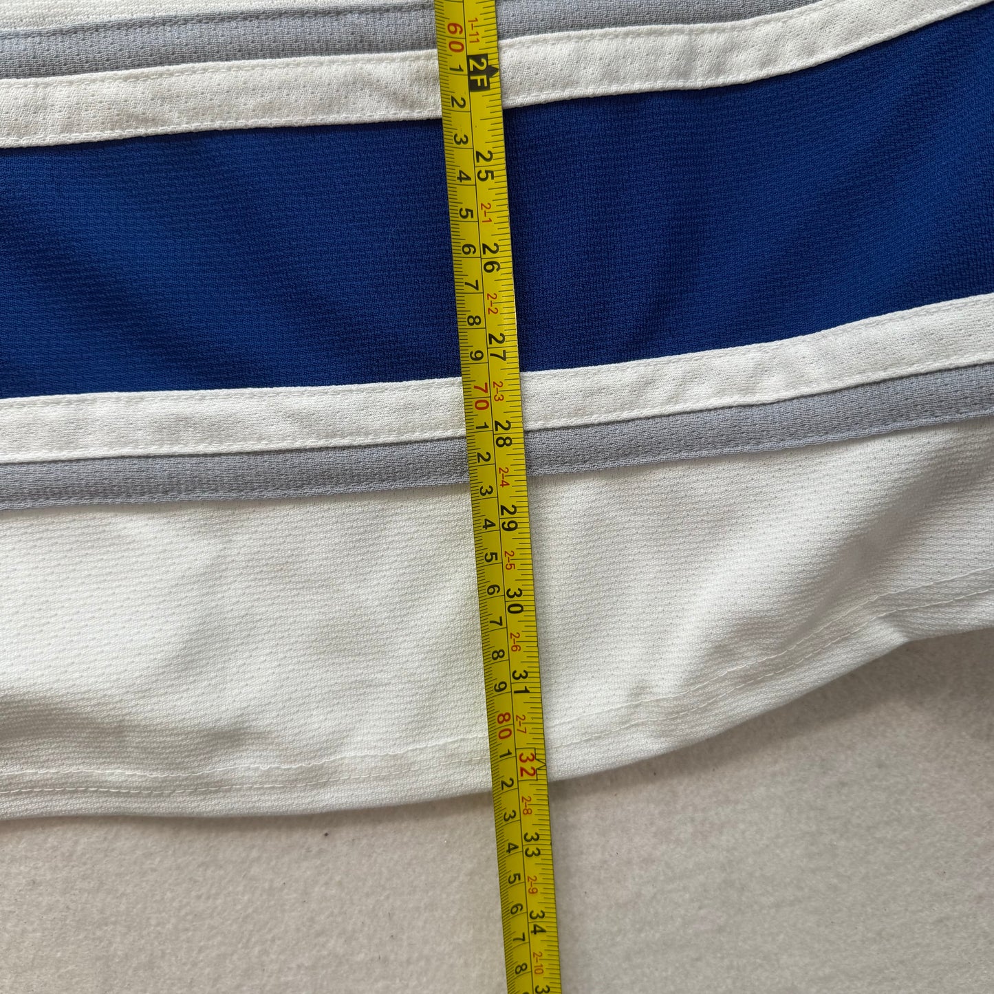 Athletic Knit Men's White Blue Striped Polyester Mesh Hockey Jersey Logo Size L