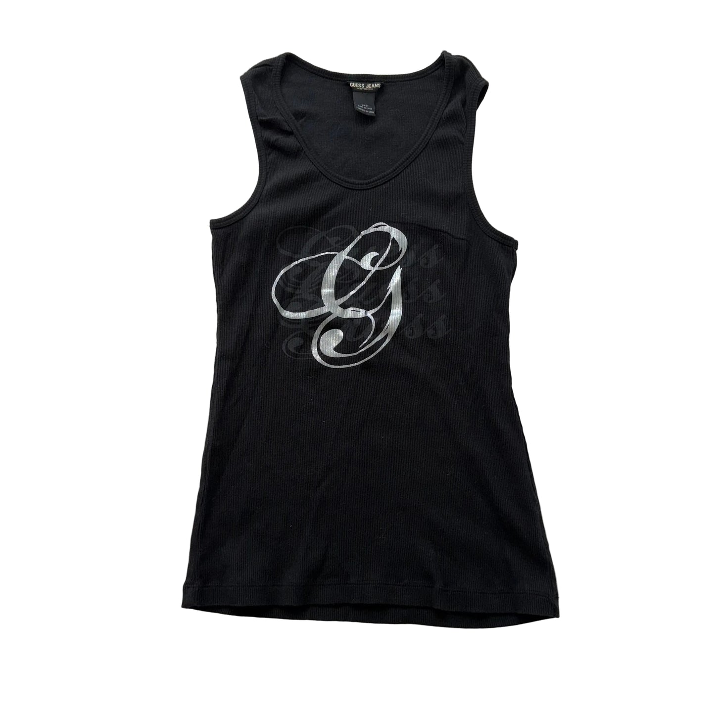 Guess Jeans Womens Black Cotton Blend Ribbed Tank Top Graphic Logo Preppy Size L