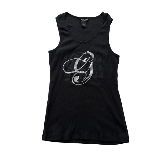 Guess Jeans Womens Black Cotton Blend Ribbed Tank Top Graphic Logo Preppy Size L