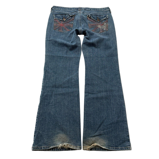 Lei women's blue flare jeans eagle embroidered flap pockets size 15