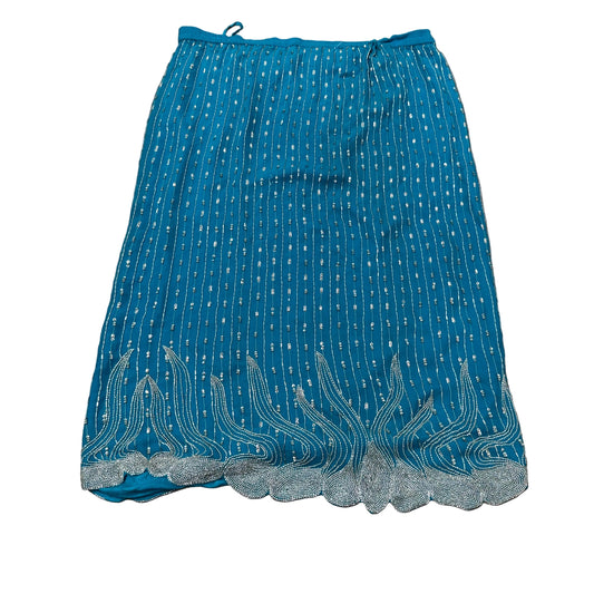 VTG Judith Ann Creations Women Teal Pure Silk Beaded Sequined Midi Skirt Size XS