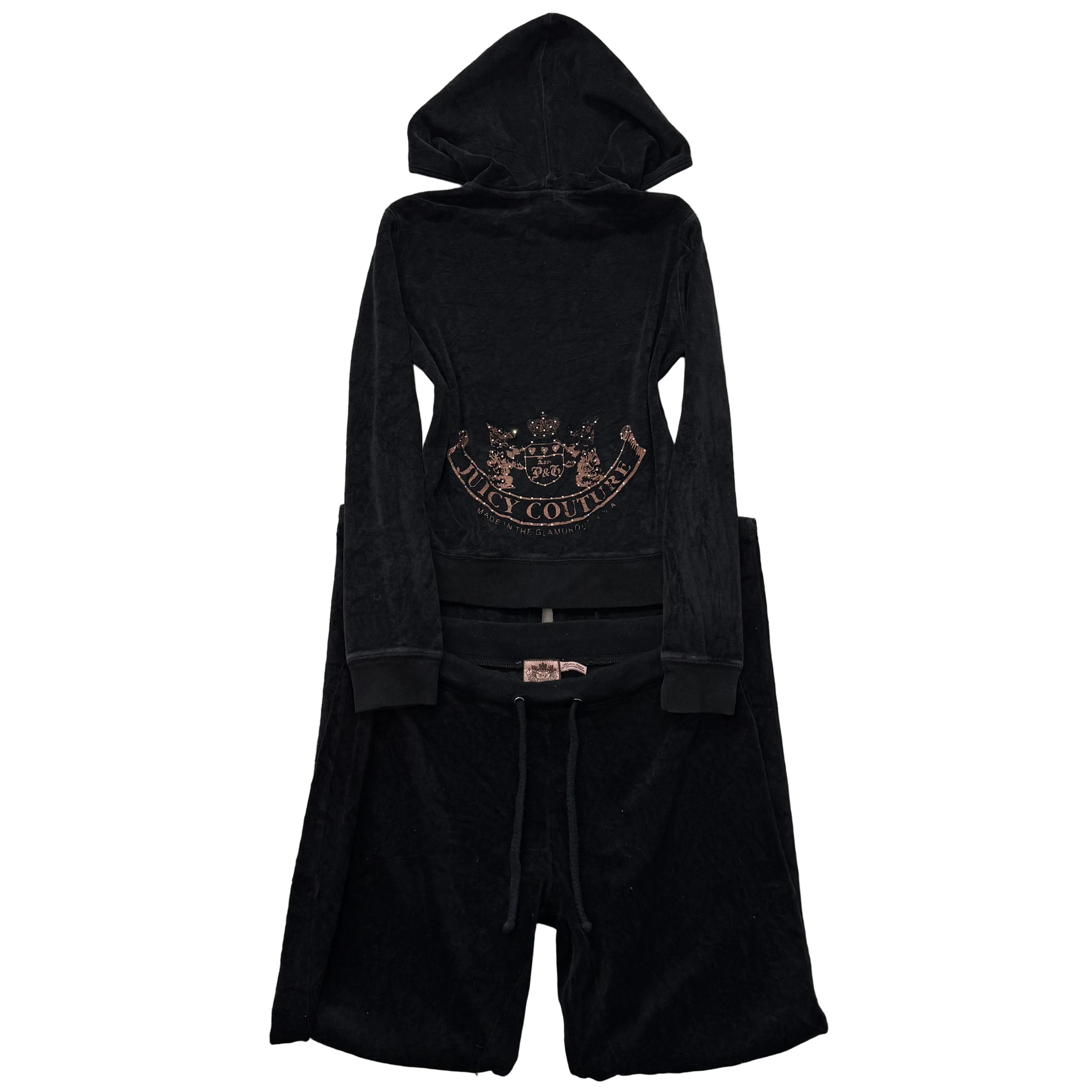 Juicy Couture Black Velour Tracksuit Set Zip Up Hoodie & Flared Pant Logo Size S