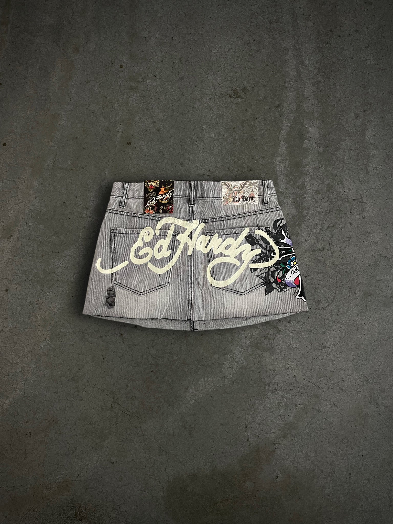 Ed Hardy “Cross” Grey Denim Mini Skirt