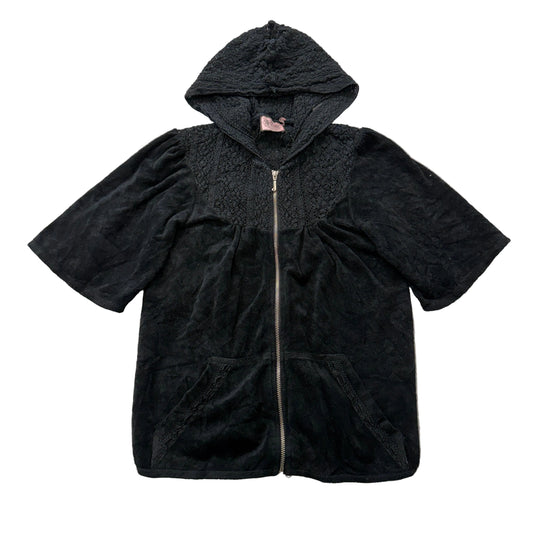 Juicy Couture Women's Black Velour Half Sleeve Zip-Up Hoodie Pockets Size S
