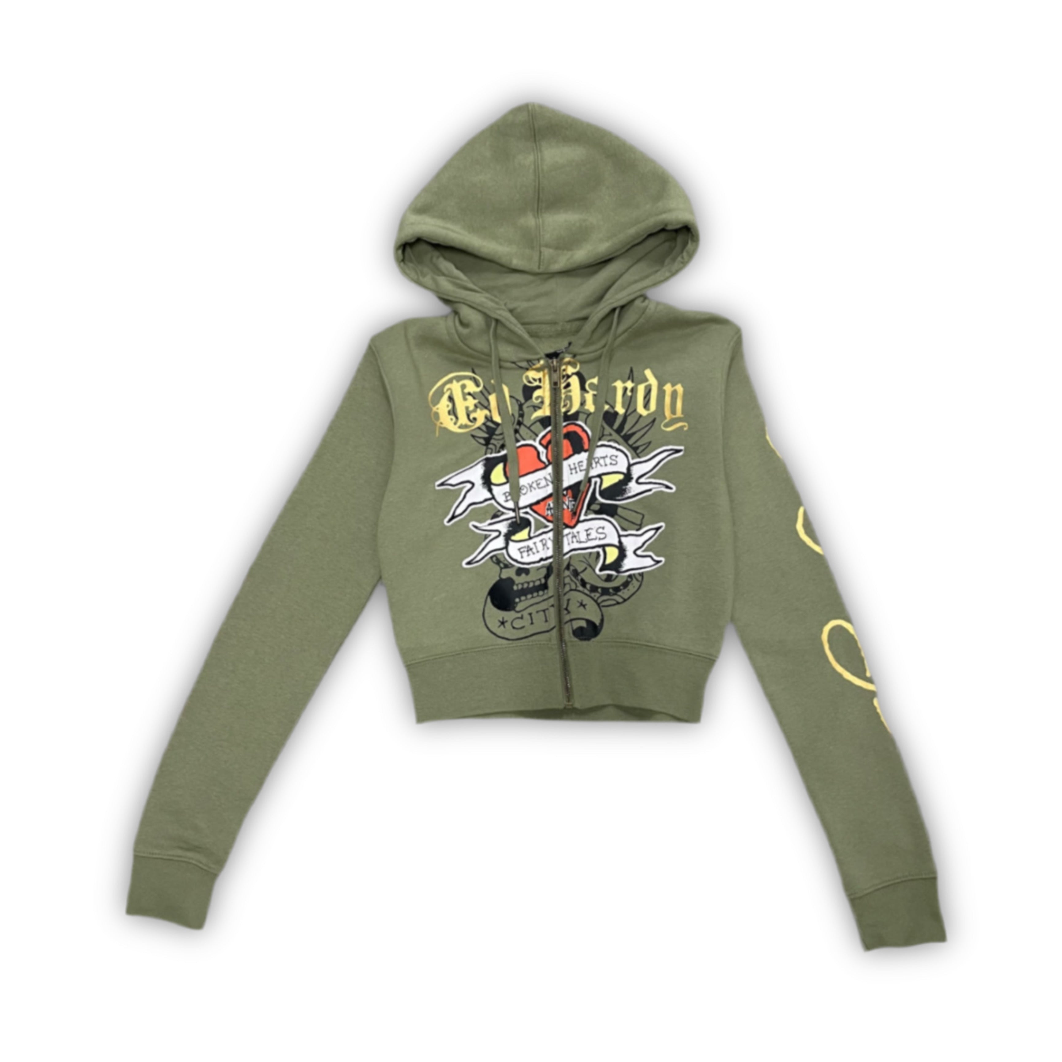 ED HARDY “Broke Hearts” SAGE CROPPED ZIP UP HOODIE