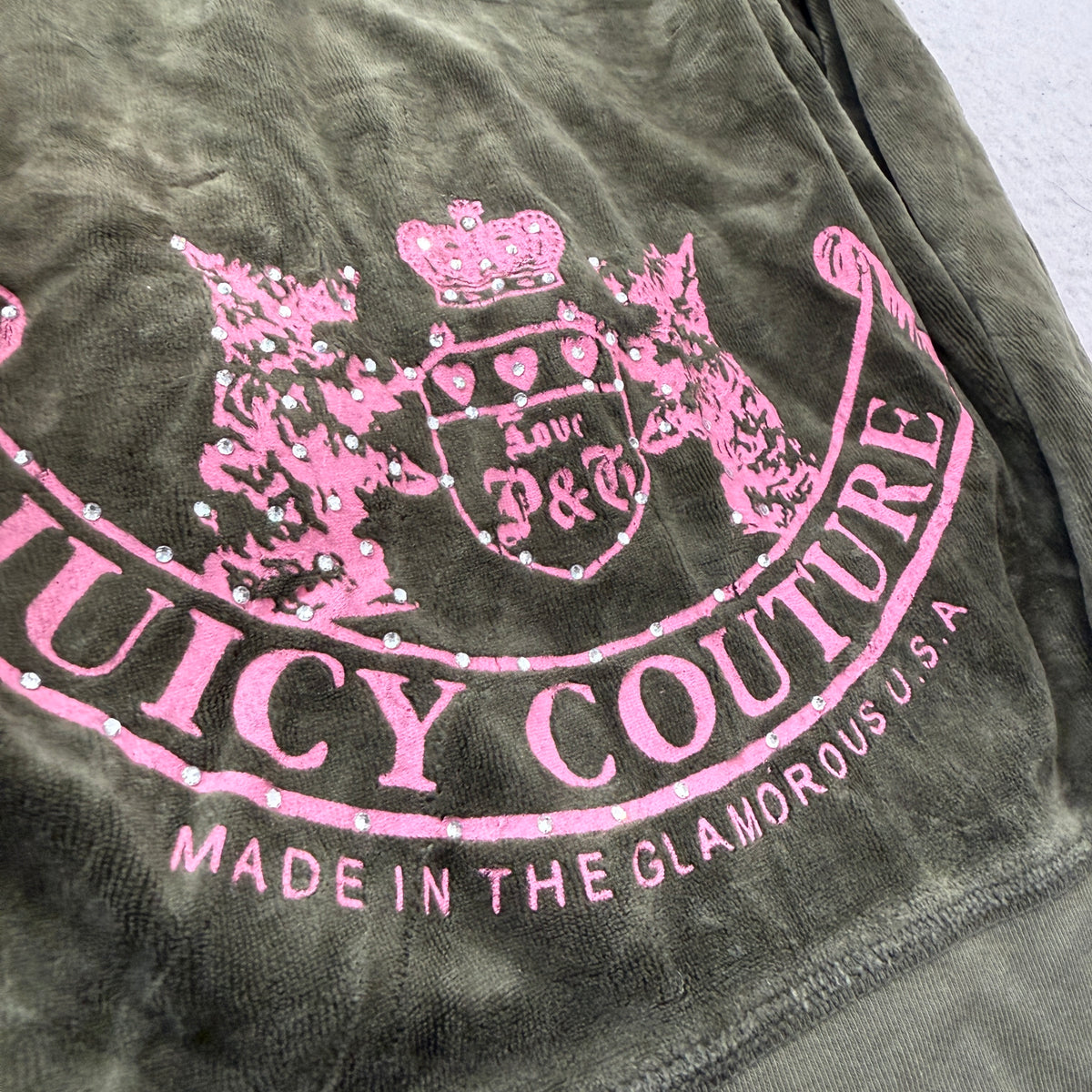 RARE 2003 Juicy Couture Scottie Dogs Womens Olive Green Velour Zip-Up Hoodie - S