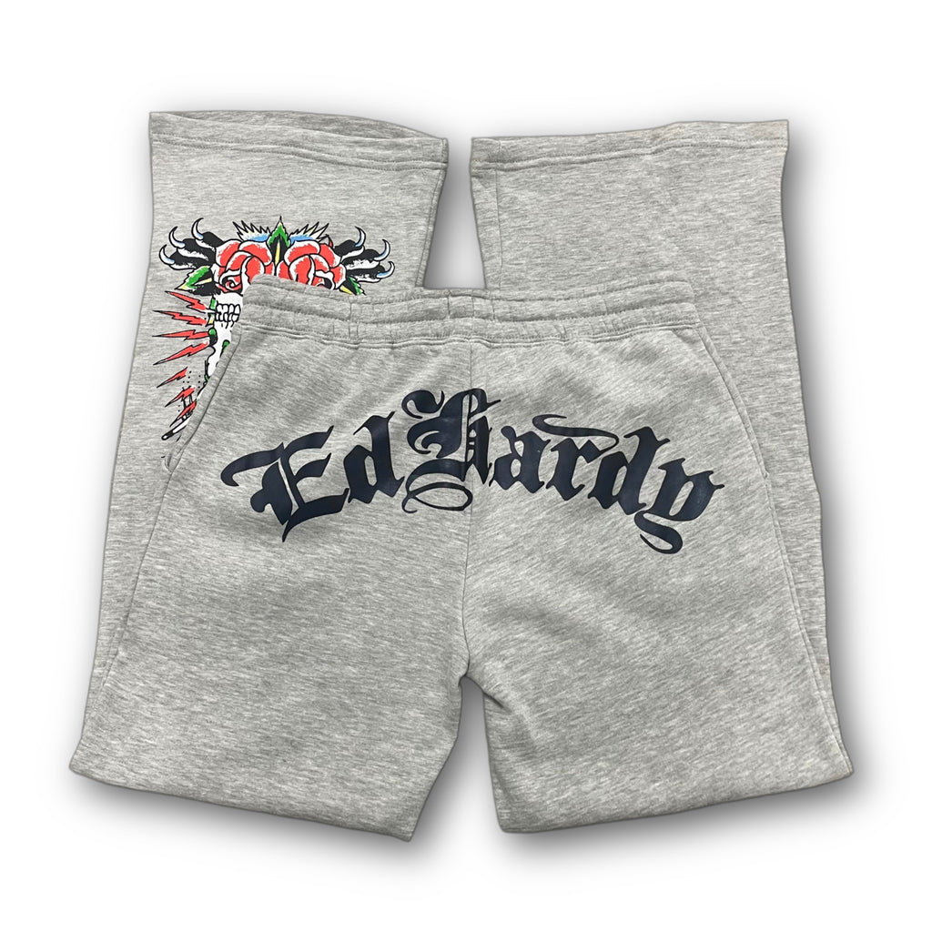 ED HARDY “Heart Of Roses” GREY FLARED PANTS