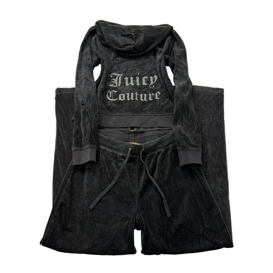 Juicy Couture Women's Black Velour Tracksuit Set Hoodie & Flare Pant Size M