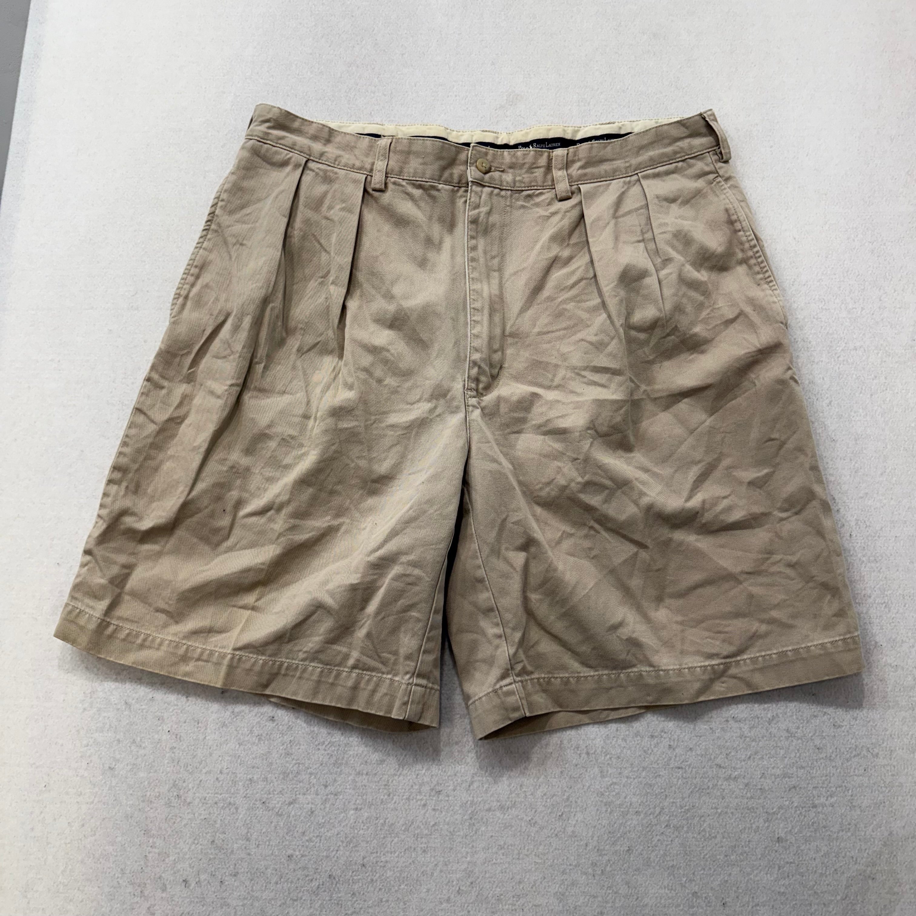 Polo by Ralph Lauren Men's Tan Cotton Pleated Chino Shorts Welt Pockets Size 36