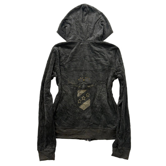 Juicy Couture Women's Dark Charcoal Zip Up Hoodie Studded Pocket Graphic Size XL